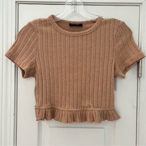 Akaiv Ruffled Tan Knit Short Sleeve Crop Top Size Small